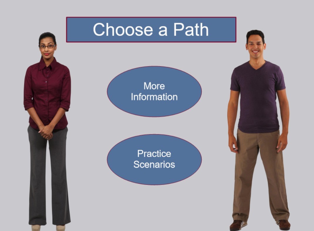 woman and man standing with two circles between them; circles indicate simulation options