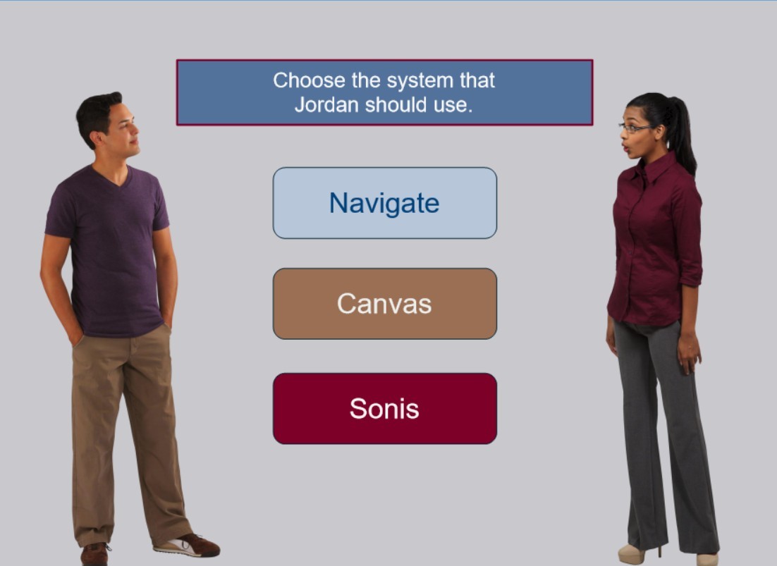 woman and man standing with rectangles between them; rectangles indicate simulation options